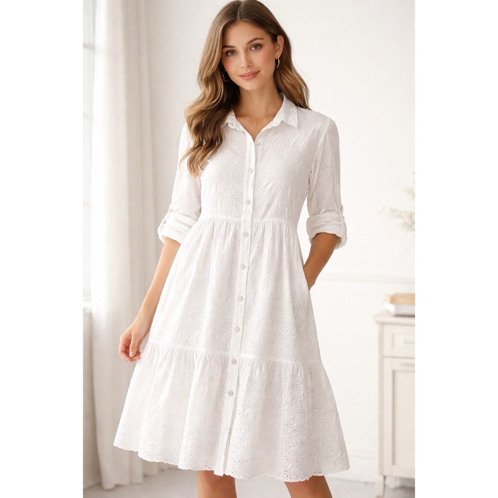 Laura Bianchi Italy Eyelet Midi Dress White Cotton Cottagecore Lined Sz S Boho